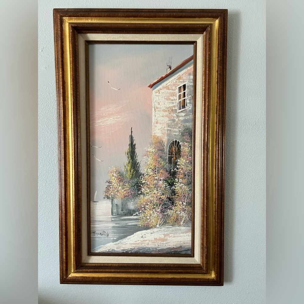 Vtg Oceanside Villa Pastel Floral Oil Painting On Canvas Signed Wood Frame - Picture 2 of 8